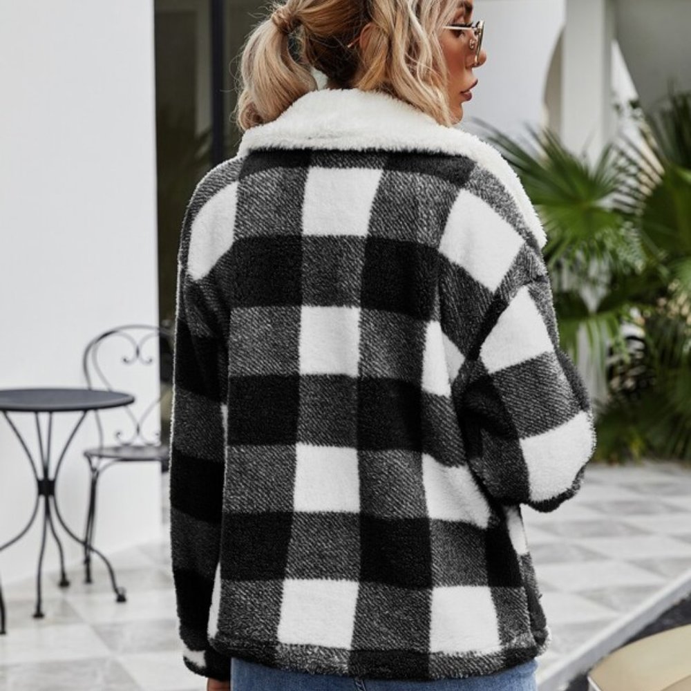BOHO BABE Buffalo Plaid Zip Up Teddy Coat - Picture 6 of 7